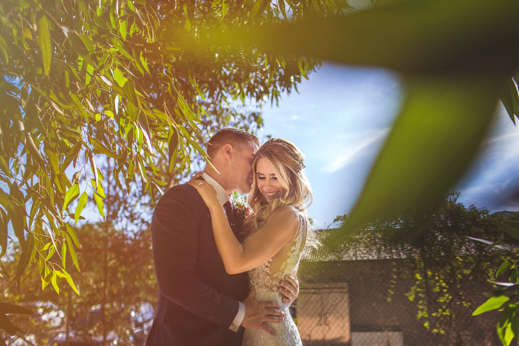 Couple embracing in the trees at Twin Oaks Garden Estate
