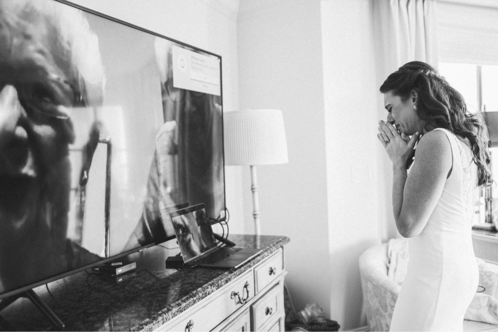 Bride crying while talking to her grandmother before her wedding in Santa Barbara CA