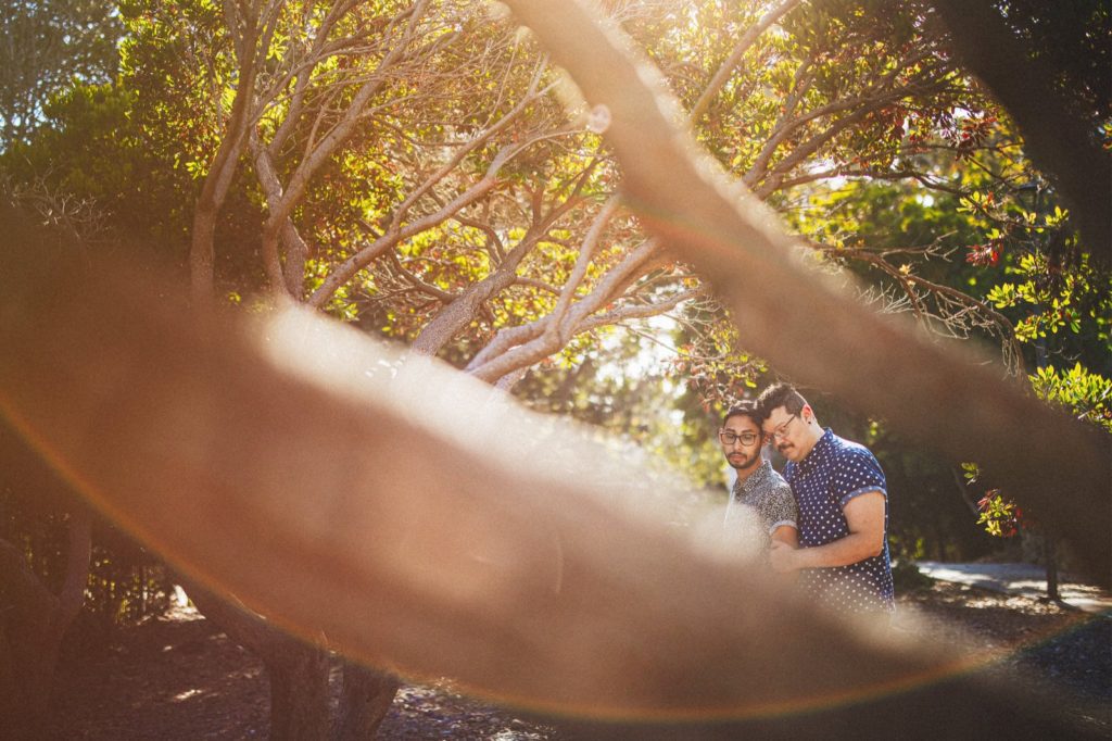 Ventura engagement session of couple shot through trees