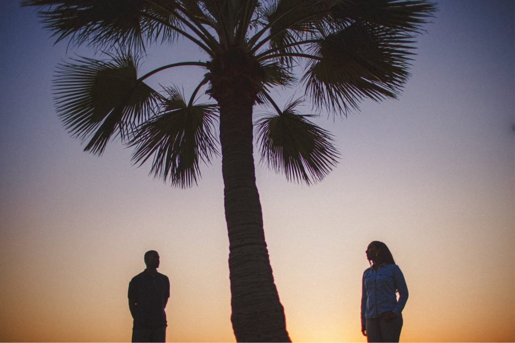 Creative Santa Monica Engagement Session near Santa Monica Pier at Sunset with the couples silhouette near a palm tree