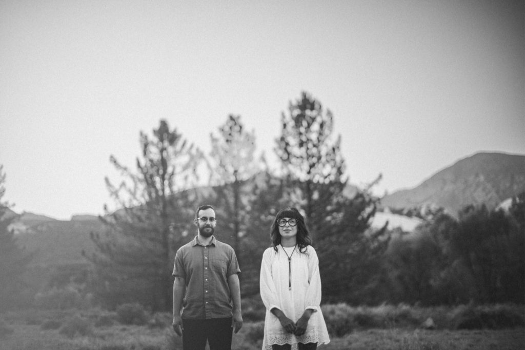 Creative Black and white photo at the Piedra Blanca mountain range during couples Engagement session 