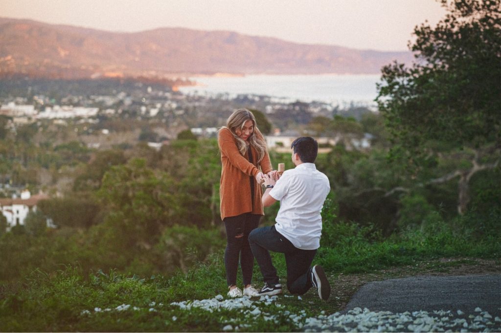 Proposal at Elings park in Santa Barbara California with down town Santa Barbara in the background and the bride very excited looking at the groom