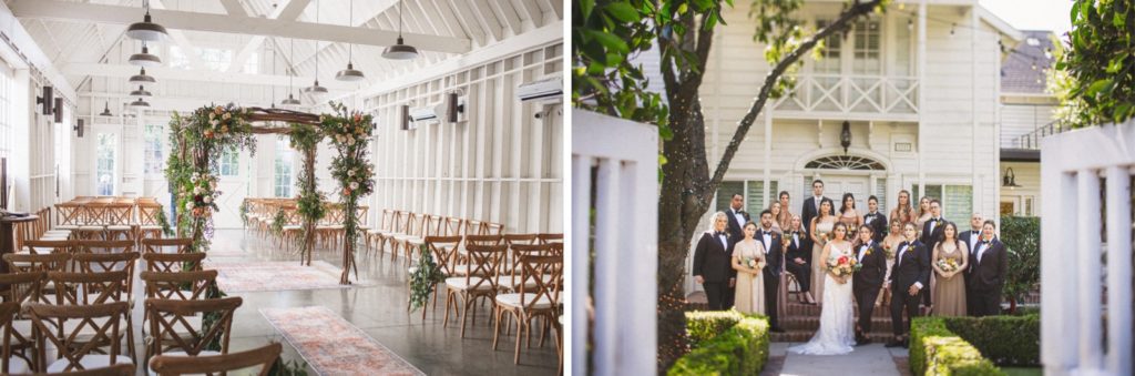 Lombardi House Wedding details of barn space and ceremony set up in the middle with chairs all around it