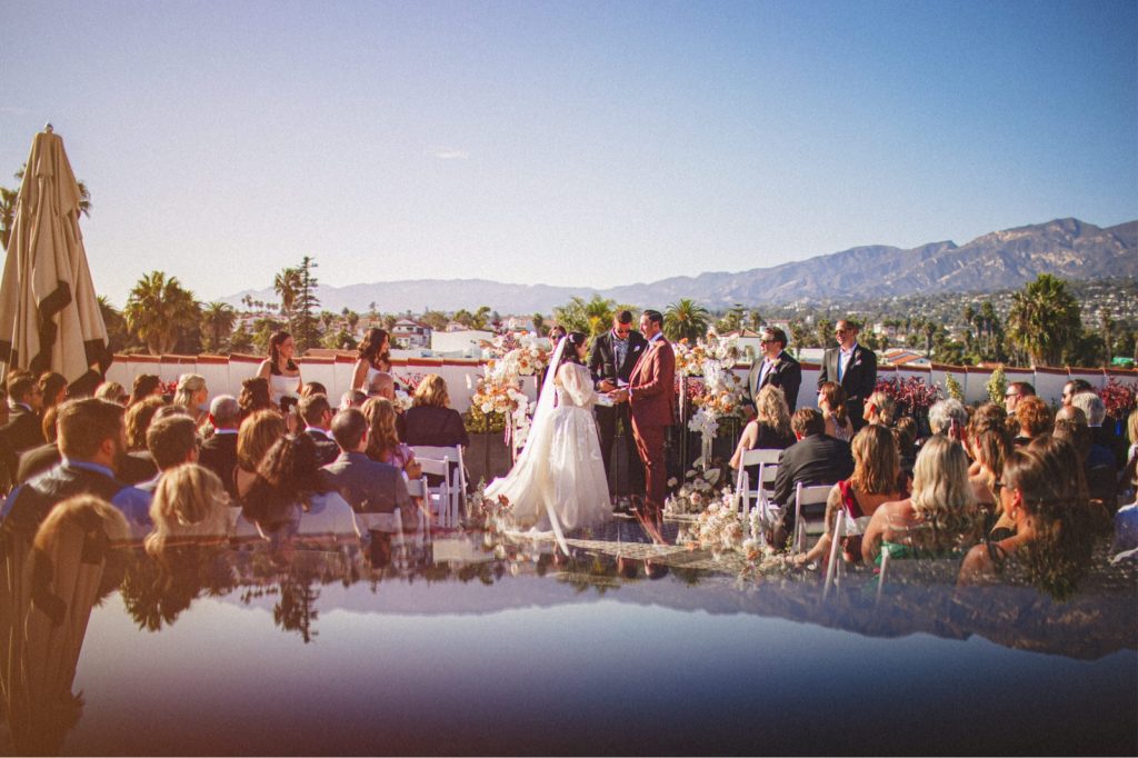 Ceremony in Santa Barbara at the hotel Californian with the Santa Barbara mountain range in the background