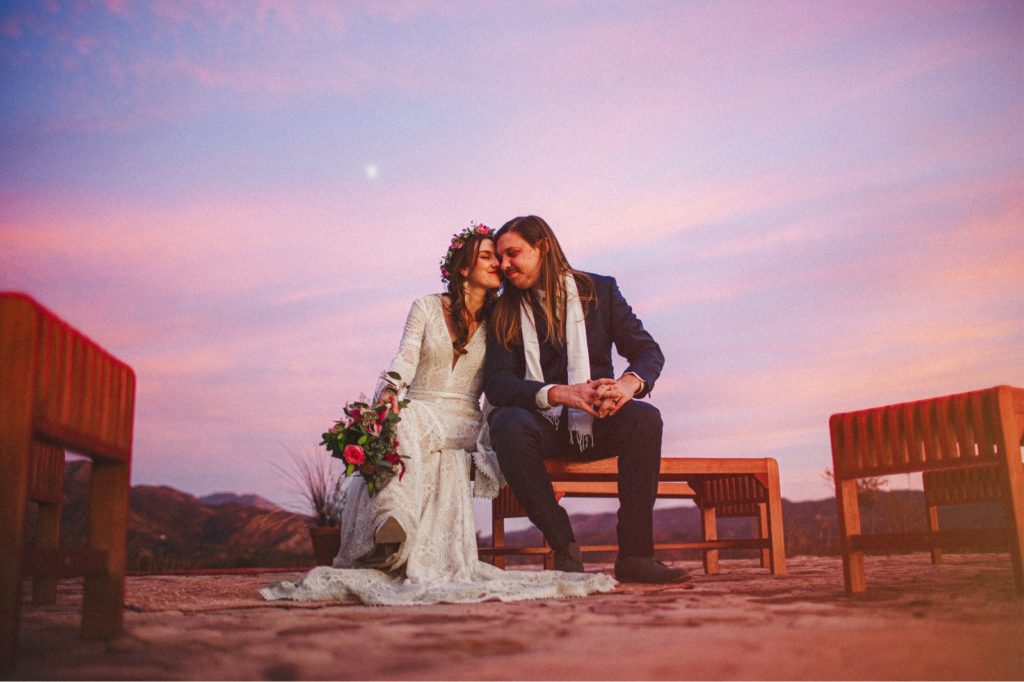 Sunset at Ojai Labyrinth wedding with the moon in the background at golden hour