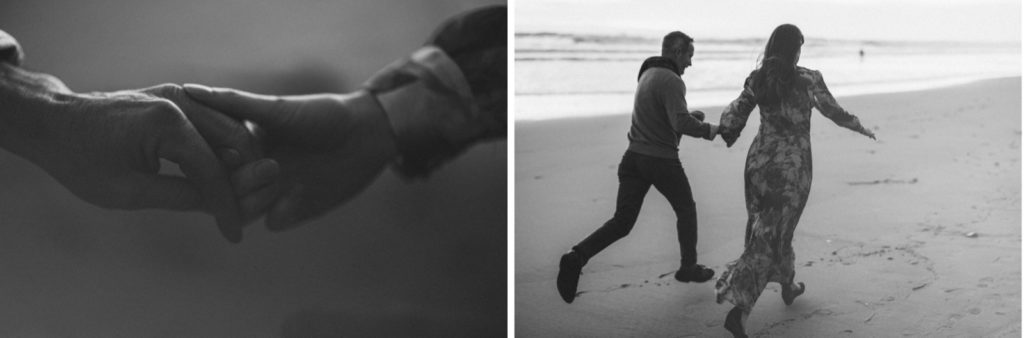 A creative engagement photo taken of a couple holding hands and running away from the photographer on the beach at surfers point in Ventura